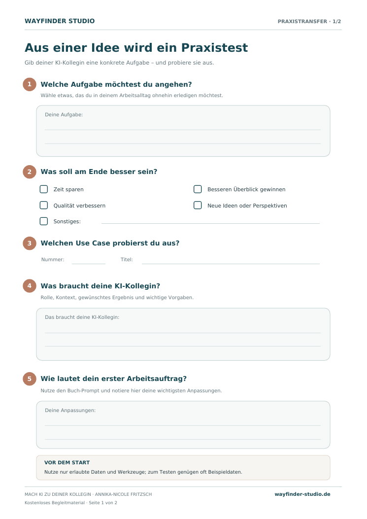 Vorschau des kostenlosen zweiseitigen KI-Praxistransfer-Blatts