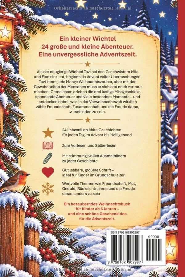 Originalrückseite des Buchs Weihnachten mit Wichtel Tavi mit Inhaltsbeschreibung und Angaben zu den Geschichten und Ausmalbildern